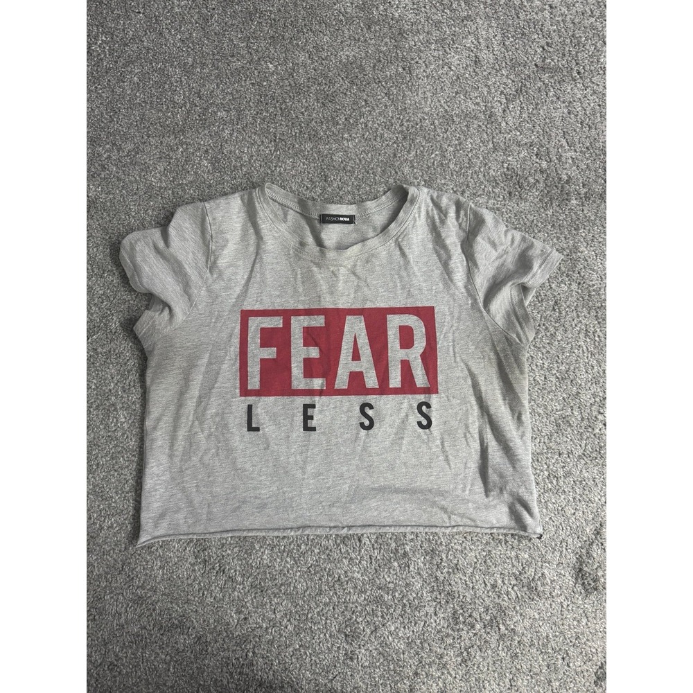 Fashion Nova Fearless Graphic Cropped T-Shirt Gray Short Sleeve Women's Medium